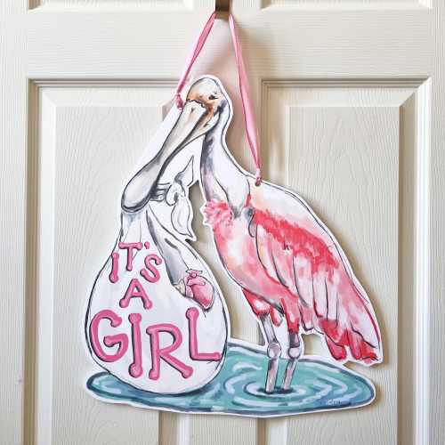 It&#39;s A Girl Door Hanger - Roseate Spoonbill Bird, Home Malone, Baby Announcement Decor, Welcome Baby, Made In USA, Stork, Welcome Baby, NOLA
