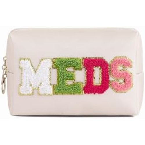 Cute Chenille Letter Patch Medicine Makeup Bag, PU Leather Waterproof MEDS Cosmetic Bag with Zipper, Travel Toiletry MEDS Pouch, Daily Use Portable Organizer Makeup Bag (01Beige Bag)