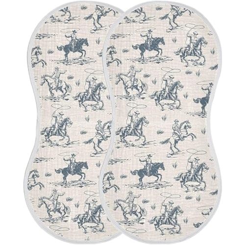Muslin Burp Cloths for Baby Boys and Girls - 2-Pack Ultra Absorbent Western Cowboy Muslin Washcloths, Newborn Towel, Milk Spit Up Rags, Burp Cloth Bibs for Unisex, 22 x 11 Inch