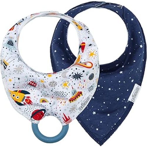 Dr. Brown's Bandana Bibs with Snap-On Removable Teether, Cotton Baby Bib with Soft Fleece Lining for Teething & Drooling, Rocket Ships/Stars, 2 Pack, 3m+