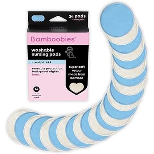 Bamboobies Overnight Nursing Pads, Ultra-Soft Velour, Reusable and Washable for Nightly Use, Leak-Proof Pads for Breastfeeding, 24 Pads
