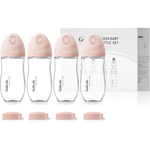 Natural Glass Baby Bottle 8 oz for Breastfed Babies, Anti-Colic Baby Bottle Set with Medium Flow Nipple, 3 Months +, 4 Pack - Pink