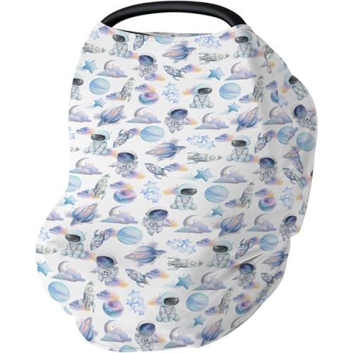Watercolor Outer Space Car Seat Cover for Babies Cute Astronaut Rocket Planet Moon Stretchy 5-in-1 Cover Adjustable Infant Carseat Canopy Cover Pastel Cosmos Breathable Nursing Cover-Up Blue