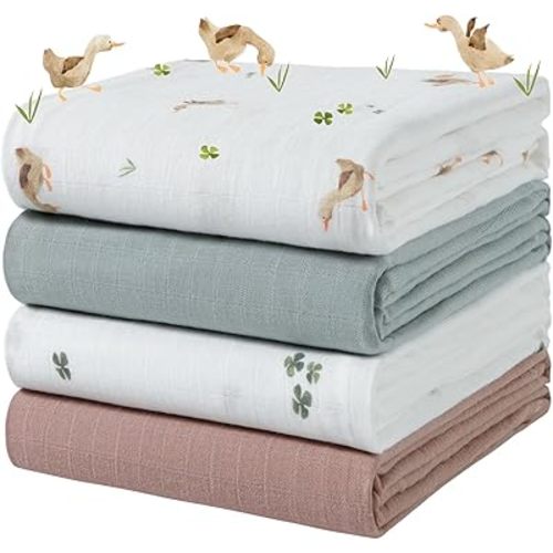 POMISO Muslin Swaddle Blankets for Boys & Girls, Newborn Receiving Blankets, 4 Pack Soft Breathable Baby Swaddles, Large 47x47 Inches, Leaves & Warmth Colors