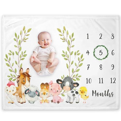 Yuzioey Farm Animals Milestone Blanket, Farm Baby Growth Chart Monthly Blanket, Watch Me Grow Baby Nursery, Horse Cow Sheep Pig, Includes Marker (50"x40")