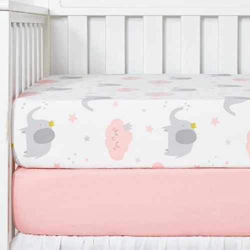 TILLYOU 2 Pack Fitted Crib Sheet Set - 100% Natural Cotton Toddler Bed Mattress Sheets,Standard 28”x 52” x 8”, Elephants Clouds&Pink - 2-pack Elephants Clouds&pink - crib sheet