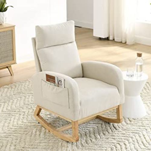 Nursery Rocking Chair with Solid Wood Legs, Glider Chair for Nursery with Two Side Pockets, Rocker Armchair for Living Room Bedroom (Beige, Linen Fabric)