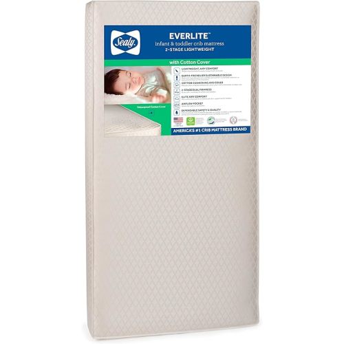 Sealy Baby EverLite Airy Breathable 2 Stage Waterproof Crib Mattress plus Toddler Bed Fit, Firm Foam, Natural Cotton Cover, GREENGUARD Gold Certified, Safety & Quality Tested, Made in USA, 52'X28'