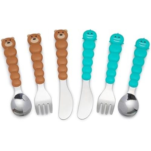 melii Toddler and Kid Feeding Spoon Fork & Knife Set, Stainless Steel – Bulldog, Cat, Shark, Bear– BPA Free, Dishwasher safe (Bear & Shark 6pc)