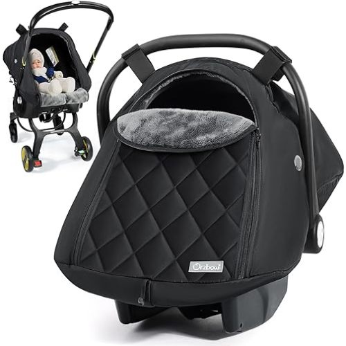 Orzbow Baby Car Seat Cover, Winter Carseat Cover with Zipper Access, Rain, Snow and Wind Proof, Side Breathable, Compatible with Doona Car Seats and Strollers, Newborn Essentials Carrier Canopy, Black