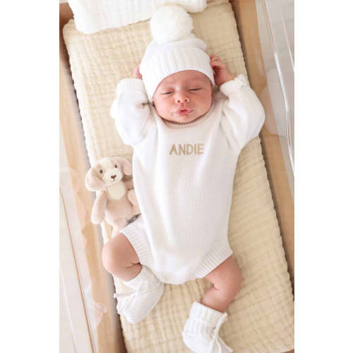 Embroidered Knit Sweater Bubble Romper in Snow | Caden Lane
