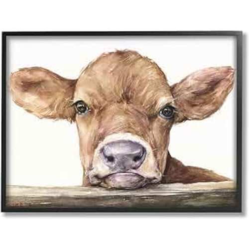 Stupell Industries Cute Baby Cow Animal Watercolor Painting Framed Giclee Art Design By Artist George Dyachenko