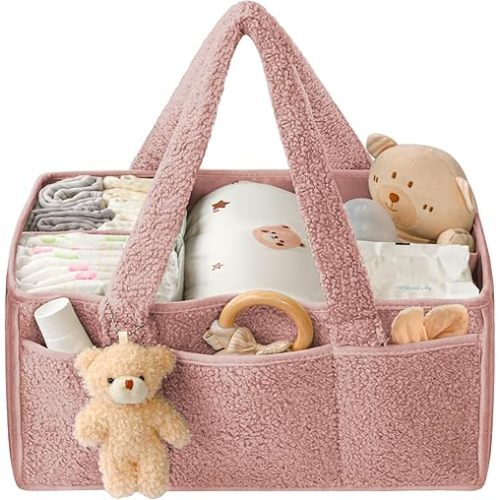 Diaper Caddy Organizer, Baby Caddy Organizer for Changing Table, Portable Baby Diaper Basket, Car Caddy Organizer with Handle, New Born Baby Essentials Must Haves (Pink)