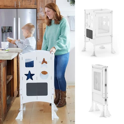 Guidecraft Classic Kitchen Helper® Stool - White with Keepers and Non-Slip Mat: Foldable, Adjustable Height Safety Cooking Tower for Toddlers with Chalkboard | Kids Learning Platform