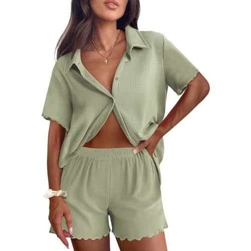 Ekouaer Womens Ribbed Knit Lounge Set Short Sleeve Button Down Top and Shorts Pajama Set 2 Piece Sleepwear Outfits Set