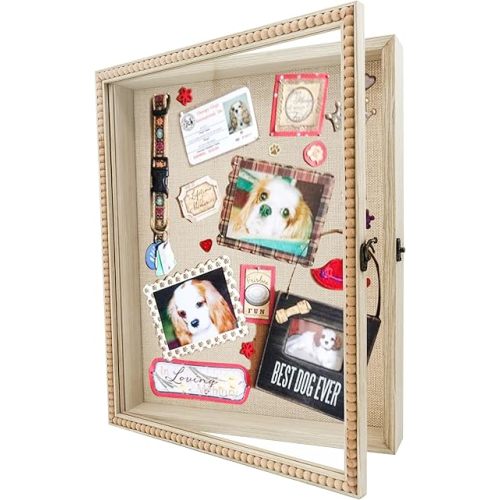 Shadow Box 13x16 Front Open with Hinge Beaded Designed Display Case with Linen Back, Picture Frame Wedding Bouquet Memorabilia Medals Photos Memory Box for Keepsakes Brown