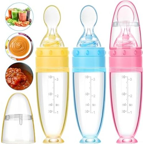 Tondiamo 3 Pieces Baby Food Feeder 3oz Silicone Baby Spoon Baby Food Spoon Dispenser Baby Food Dispensing Spoon with Standing Base for Infant Dispensing and Feeding