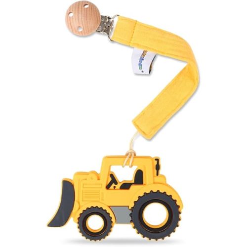 Baby Food Grade Silicone Car Teether Toy with Pacifier Clip Holder,Teething Pain Relief Toys Gift Set for 3 Months+ Boys and Girls,Freezer Safe,BPA Free (Bulldozer, Yellow)