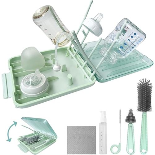 Baby Bottle Brush, 7 in 1 Travel Bottle Cleaner Kit with Silicone Bottle Brush, Nipple Brush, Straw Brush, Soap Dispenser, Bottle Drying Rack, Dishcloths, Portable Essentials for Home and Travel-Green