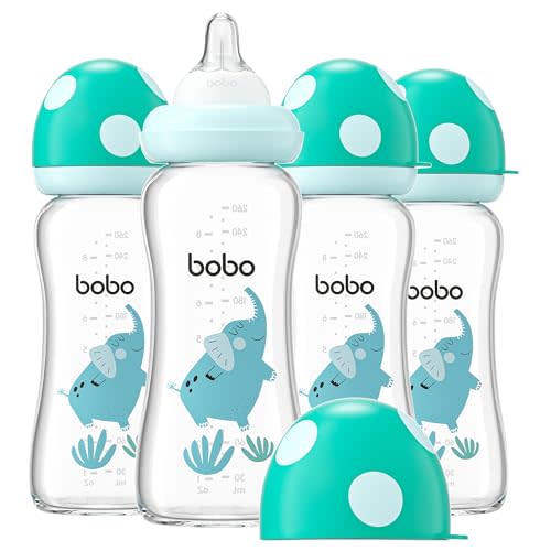YOHKOH Natural Glass Baby Bottle with Natural Response Nipple, Newborn Anti-Colic Baby Bottles, Wide Neck Mushroom Cap Baby Bottle, Clear (8.8ounce (Pack of 4), Blue2)