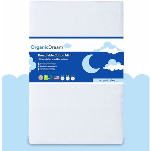 ORGANICDREAM Crib Mattress + Toddler Bed - 100% Breathable Proven to Reduce Suffocation Risk, Hypoallergenic, GREENGUARD Certified - Lightweight 2-Stage Removable Cover - Deluxe 6" Thick - White