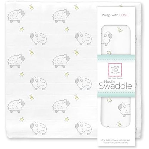 SwaddleDesigns Cotton Muslin Swaddle Blanket, Receiving Blanket for Boys & Girls, Best Shower Gift, 46x46 inches, Little Lambs, Sterling