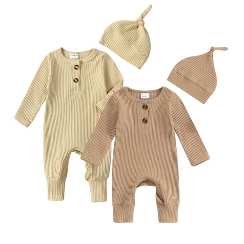 Infant Boys Girls Clothes Set Newborn Baby Romper Hat Ribbed Knit Long Sleeve Button Solid Bodysuit Jumpsuit