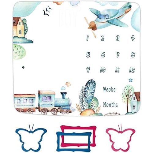 Airplane and Train Baby Monthly Milestone Blanket for Boy, Baby Blanket with Month Marker Frame, 48x40in, 1-12 Months Milestones, for Baby Showers and Newborn