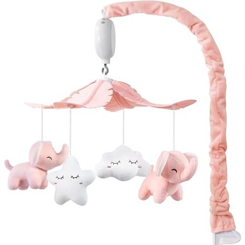FEISIKE Baby Crib Mobile for Girls Boys with 3 Modes Digital Musical Motor(Rotating Only, Music Only, Rotating & Music, 35 Lullabies, Pink Elephant Nursery Mobile, Knob Type