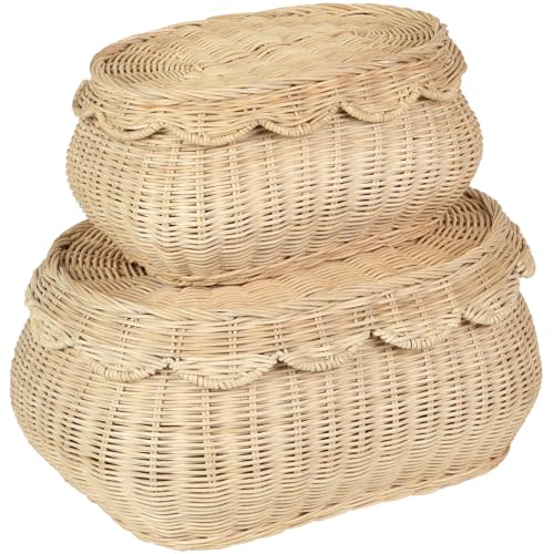 2pcs Hand Woven Rattan Scallopped Baskets with Lid, Small Rattan Basket, Decorative Wicker Storage Baskets, Storage Basket for Living Room, Bathroom, Bedroom, Food, Bread, Picnic