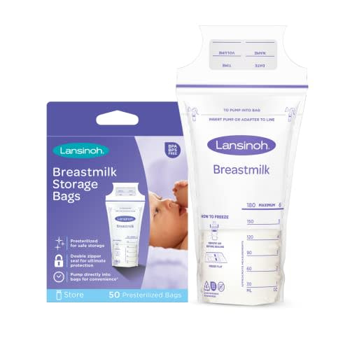 Lansinoh Breastmilk Storage Bags, 50 Count, 6 Ounce, Easy to Use Milk Storage Bags for Breastfeeding, Presterilized, Hygienically Doubled-Sealed, for Refrigeration and Freezing
