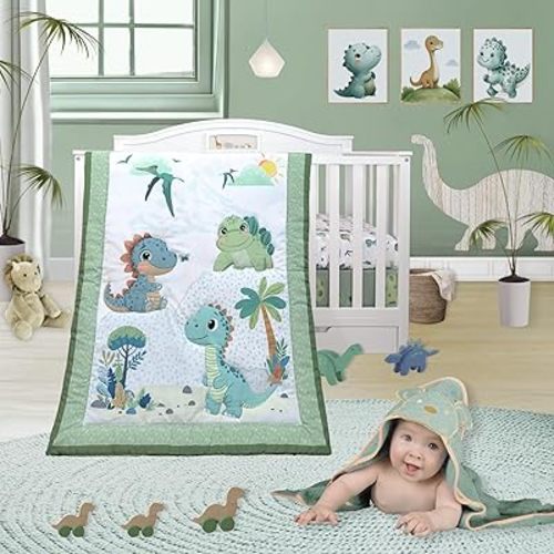 TrenD'lay 4 Piece Dino Unisex Baby Crib Bedding Set for Boys or Girls. Crib Comforter Set for Newborn and Baby Nursery Decor. Baby Bedding Set Includes Comforter, Fitted Sheet, Crib Skirt and Bib