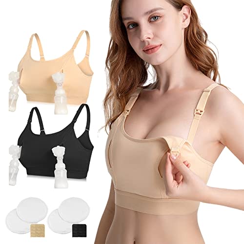 4HOW Hands-Free Pumping & Nursing Bra for Breastfeeding – Adjustable, Plus-Size Compatible Breast Pump Holder Black+Nude Size S