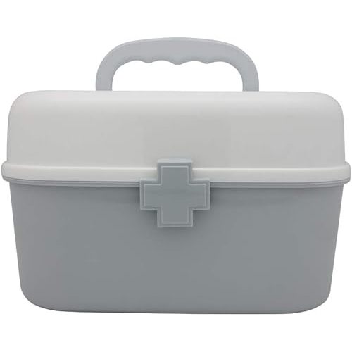BangQiao Plastic First Aid Storage Box Container Bin with Removable Tray and Portable Handle, Family Emergency Medicine Kit Case Organizer, White&Gray