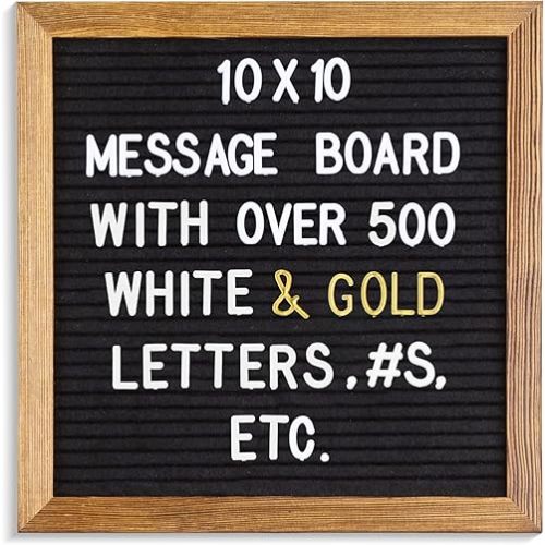 Real Wood Framed Felt Letter Board, Changeable Message Board, 10" x 10", Folding Stand and Wall Mount, 500+ Pieces of White & Gold Letters, Numbers, Words & Symbols, by Better Office Products (Rustic
