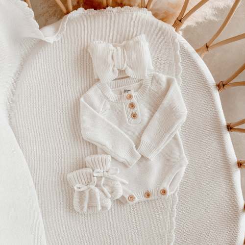 Long Sleeve Knit Romper & Topknot Bundle - Milk PRE ORDER EST DISPATCH MID - LATE MARCH