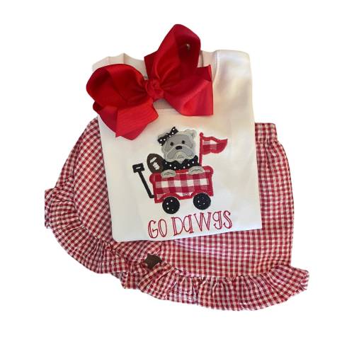 Go Dawgs Outfit for Girls, Toddler Bulldog Shirt and Ruffle Shorts, Red Gingham Game Day Set, Southern Tailgate Outfit, Appliqué Bulldog