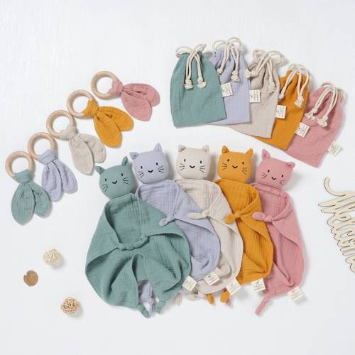 Tiny Alpaca | Organic Cotton Cat Security Blanket With Teether | 30x30CM | Gender Neutral | Baby Blanket | Baby Shower Gift |