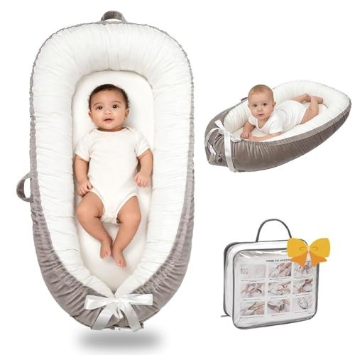 Baby Lounger-Breathable and Soft Organic 100% Cotton, Portable Infant Lounger with Removable Lounger Cover, Floor Lounger for Newborn - Grey White