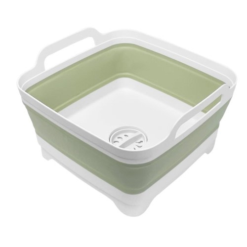 2.4 Gal(9L) Collapsible Dish Basin with Drain Plug, Space Saving Outdoor Multiuse Foldable Sink Tub, Dishpan, Kitchen Storage Tray for Camping, Vegetable Washing, RV (Green)