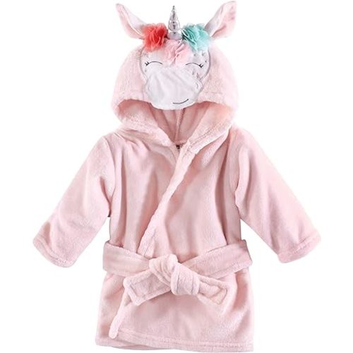 Hudson Baby Unisex Baby Plush Animal Face Bathrobe, Blue Whimsical Unicorn, 0-9 Months