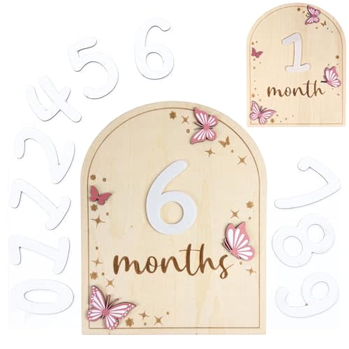 Baby Monthly Milestone Cards - Wooden Monthly Milestone Discs - Newborn Photography Props to Document Your Babys Growth - Baby Announcement Sign (Butterfly)