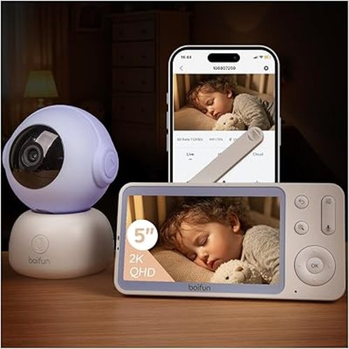 BOIFUN 2K WiFi Baby Monitor for Smartphone, APP & 5" Screen Control, AI Motion & Cry & Humidity &Temperature Detection, 360° Auto Tracking Camera,Video Baby Monitor with Camera and Audio, Night Vision