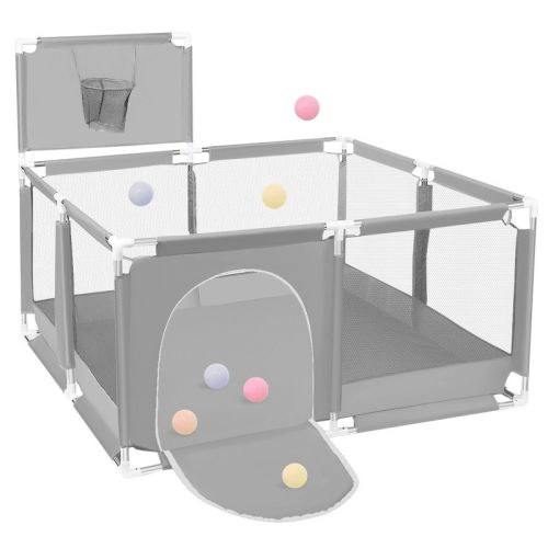 Infant 50"x50" 4-Panel Baby Playpen Foldable Playard with Basketball Hoop Grey