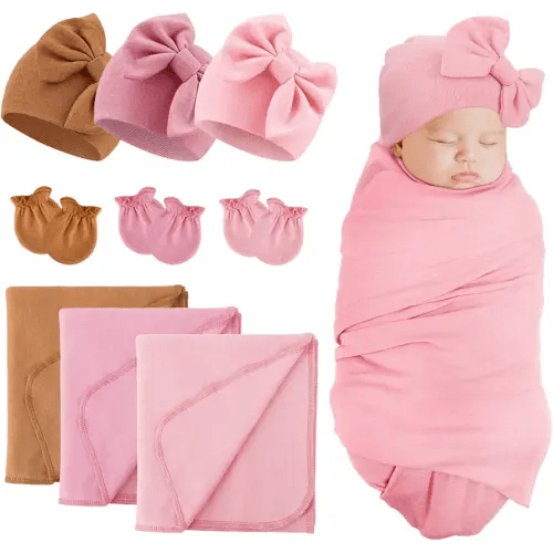DRESHOW BQUBO Newborn Receiving Blanket Bow Hat Gloves Set Cotton Warm Baby Swaddle Blanket Wrap Baby Sleep Sack Shower Gift