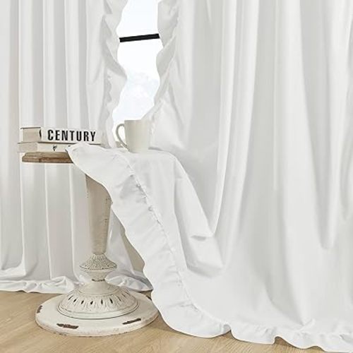 FOLKSIDE White Ruffle Curtains 96 Inches Long 2 Panels Set for Living Dining Room Bedroom Rod Pocket Floor Length Suede Fabric Large Window Curtains for Room Divider Backdrop, 52''x 96'' 8ft