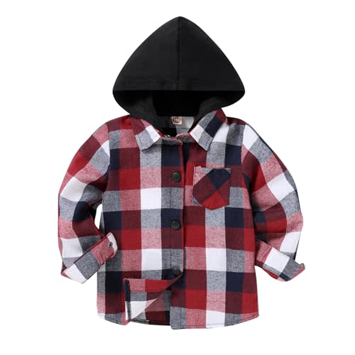 YOUNGER STAR Toddler Kids Boys Girls Flannel Hooded Plaid Shirt Button Baby Red Plaid Shirt Plaid Shirt Hooded Clothes