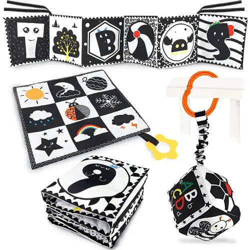 KUANGO Black and White High Contrast Baby Toys 0-3 Months for Newborn, Montessori Toys Sensory Infant Tummy Time Toys Baby Essentials 0-6 Gifts