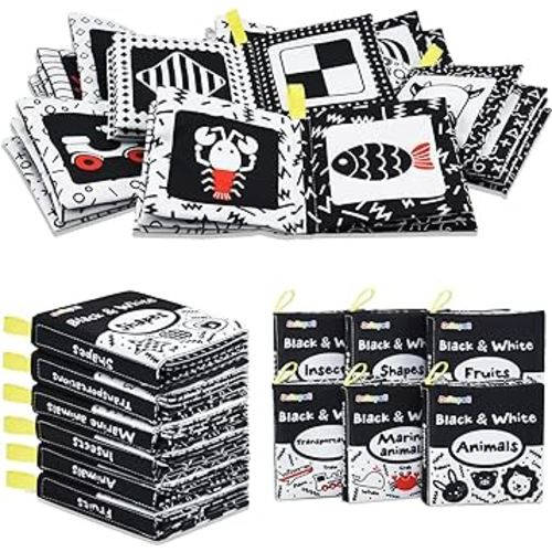 Dr.Rapeti Soft Cloth Books Baby Books Bath Books 6-Pack for Baby Infant Toddler Kids High Contrast Black and White Crinkle Washable Chewable Non-Toxic Early Educational Giftable