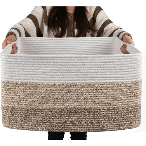 OIAHOMY Large Blanket Basket, Rectangle Woven Baskets for Storage, Nursery Blanket Basket Living Room, Toy Basket With Handle, Large Baskets for Organizing-22”x17”x12”-Gradient Yellow